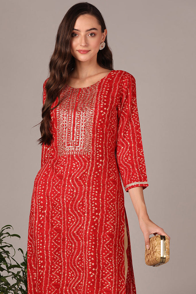 Red Viscose Rayon Bandhani Embroidered Straight Kurta VCK9624