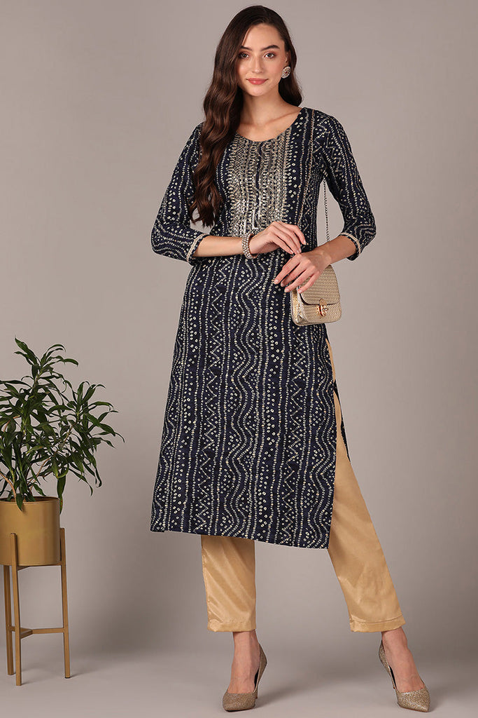 Navy Blue Viscose Rayon Bandhani Embroidered Straight Kurta VCK9625