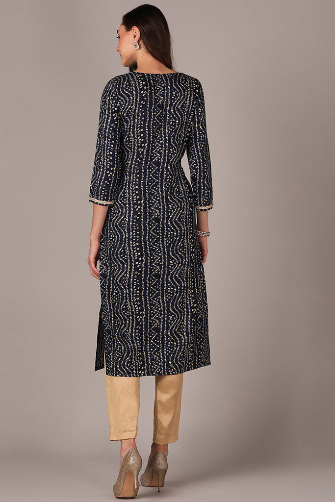 Navy Blue Viscose Rayon Bandhani Embroidered Straight Kurta VCK9625