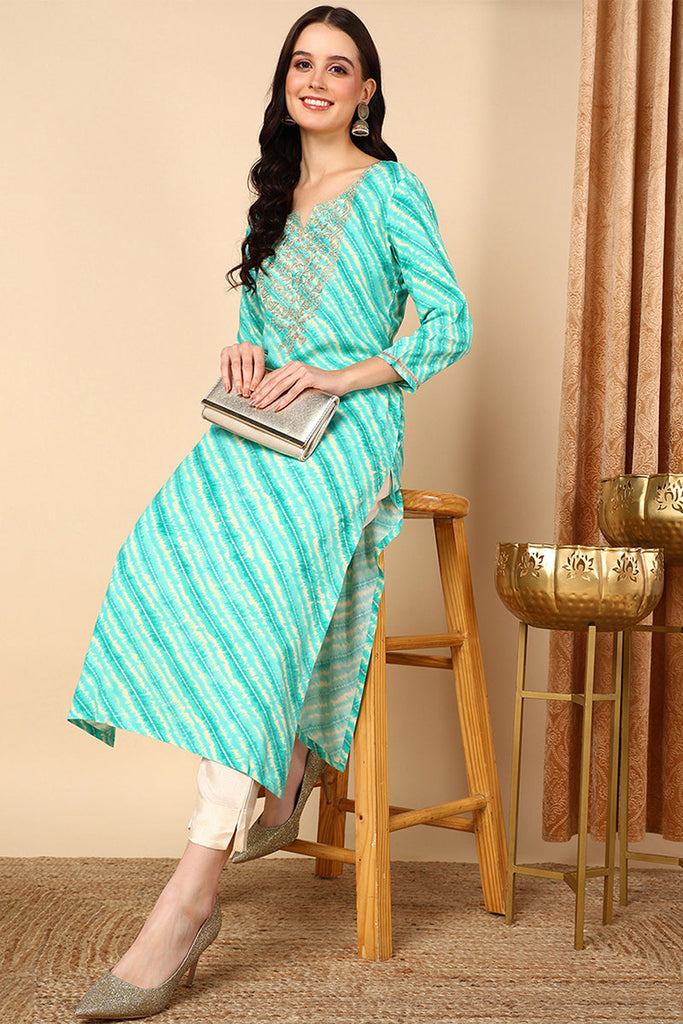 Sea Green Viscose Rayon Leheriya Printed Straight Kurta VCK9629