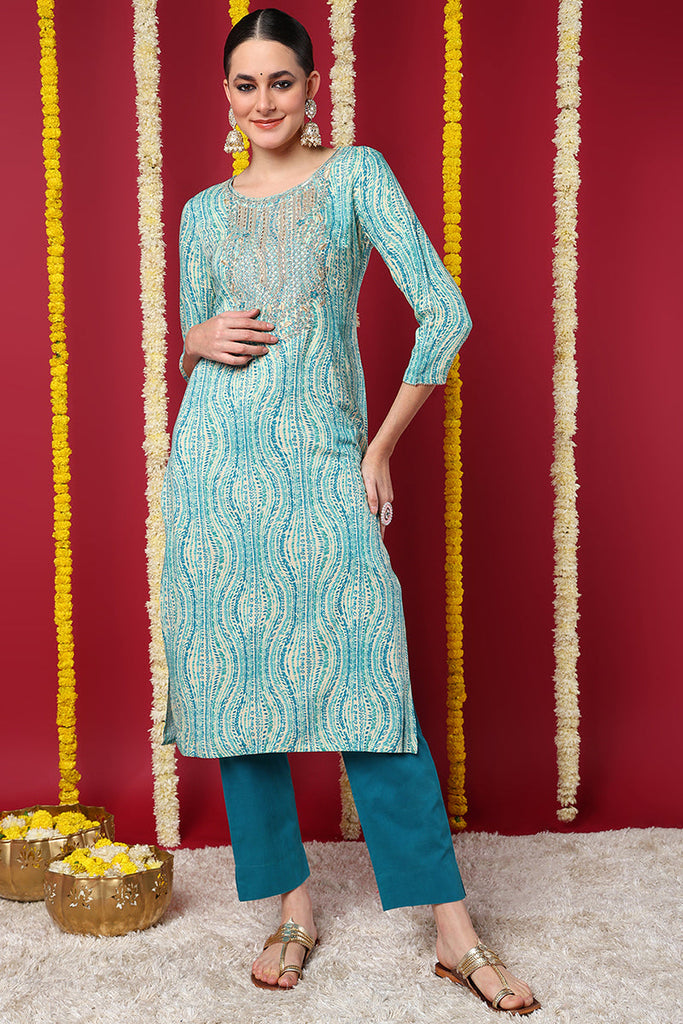 Blue Viscose Rayon Abstract Printed Straight Kurta VCK9633