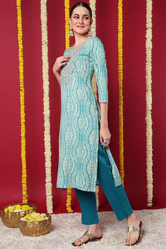 Blue Viscose Rayon Abstract Printed Straight Kurta VCK9633