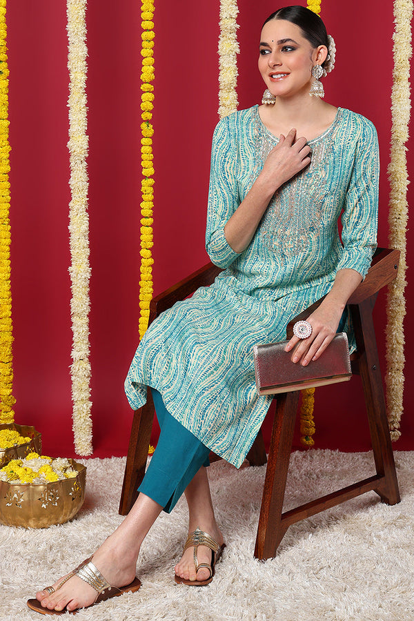 Blue Viscose Rayon Abstract Printed Straight Kurta VCK9633