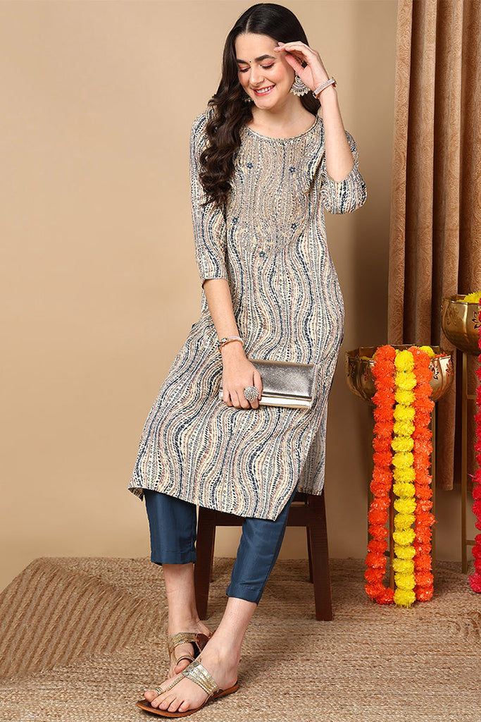 Beige Viscose Rayon Abstract Printed Straight Kurta VCK9634