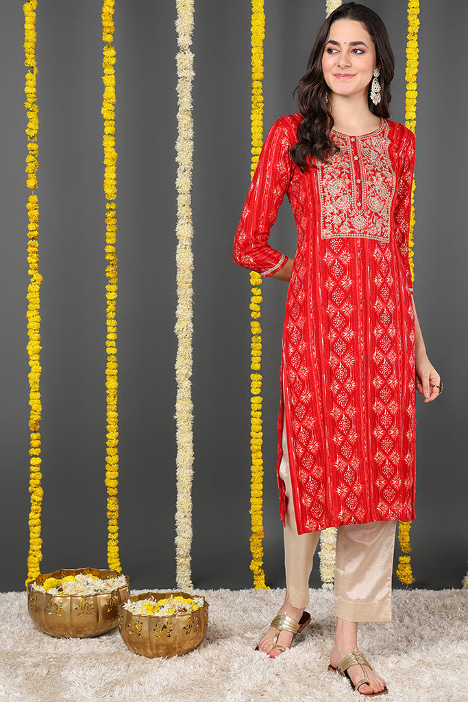 Red Viscose Rayon Ethnic Motifs Printed Straight Kurta VCK9635