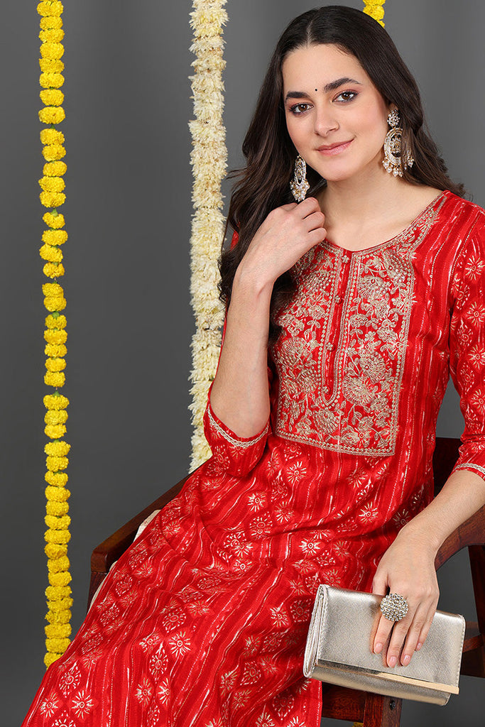 Red Viscose Rayon Ethnic Motifs Printed Straight Kurta VCK9635