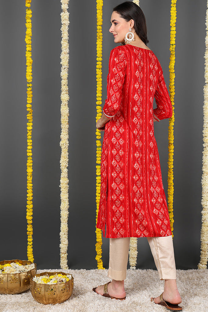 Red Viscose Rayon Ethnic Motifs Printed Straight Kurta VCK9635