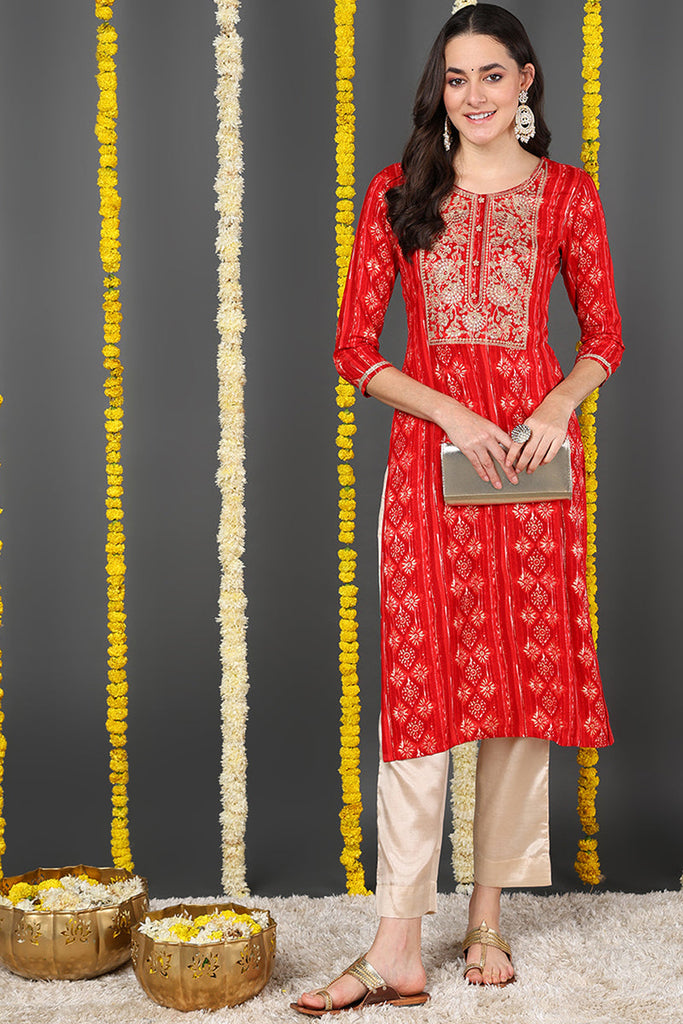 Red Viscose Rayon Ethnic Motifs Printed Straight Kurta VCK9635