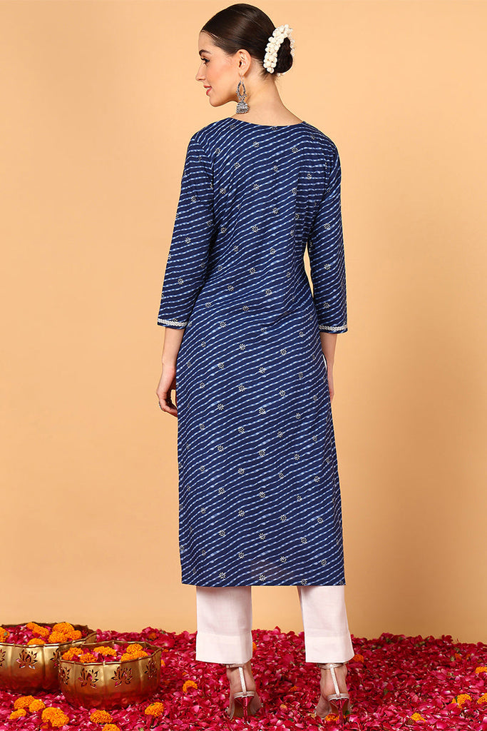 Navy Blue Cotton Leheriya Printed Straight Kurta VCK9645