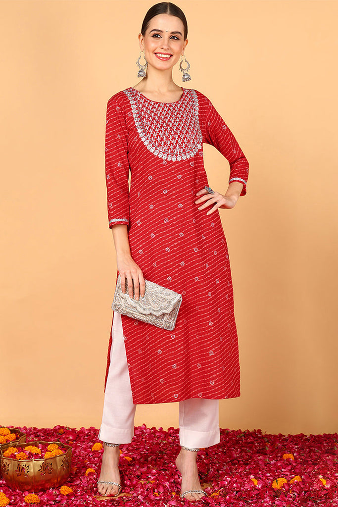 Red Cotton Leheriya Printed Straight Kurta VCK9646