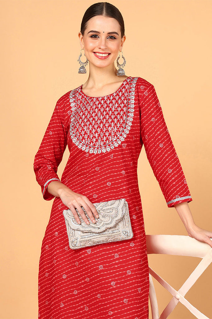 Red Cotton Leheriya Printed Straight Kurta VCK9646