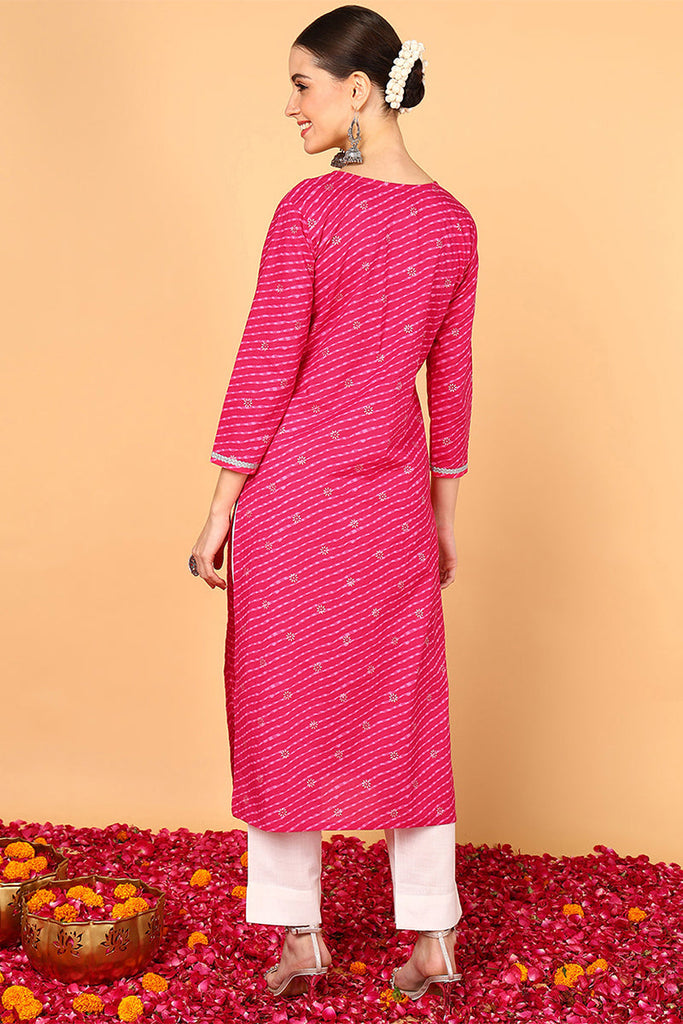 Pink Cotton Leheriya Printed Straight Kurta VCK9647