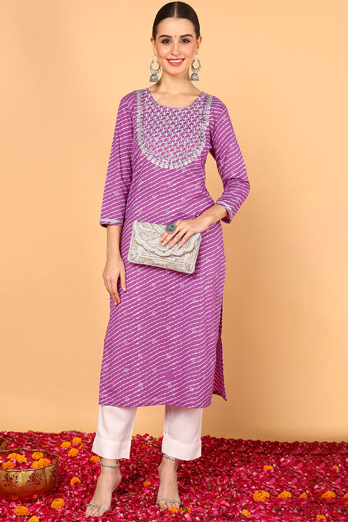 Purple Cotton Leheriya Printed Straight Kurta VCK9648