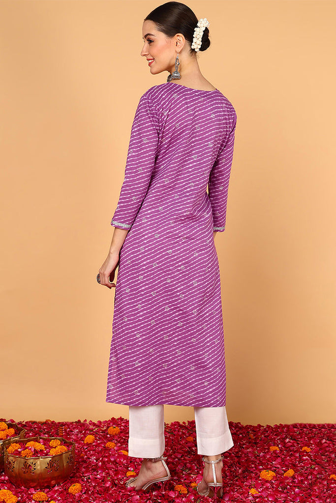 Purple Cotton Leheriya Printed Straight Kurta VCK9648