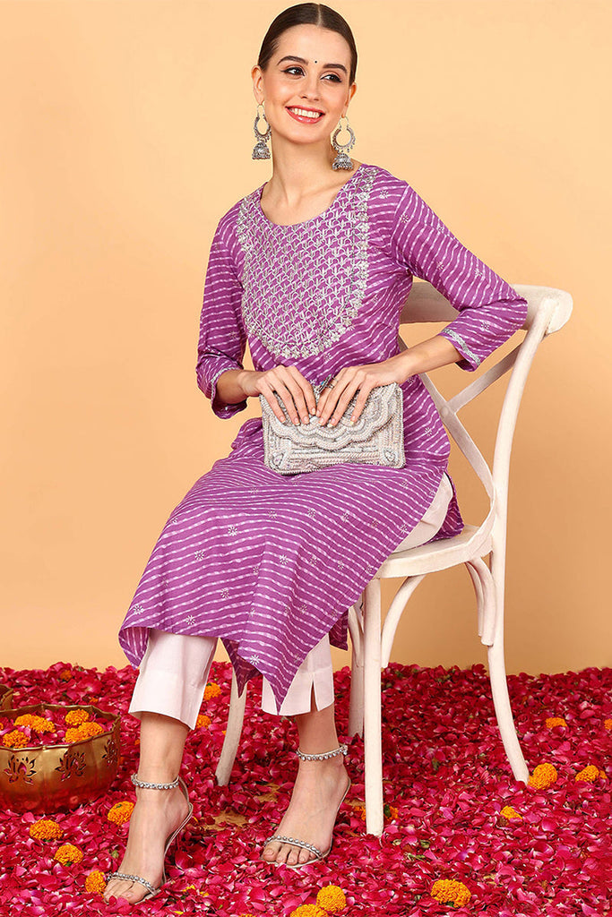 Purple Cotton Leheriya Printed Straight Kurta VCK9648