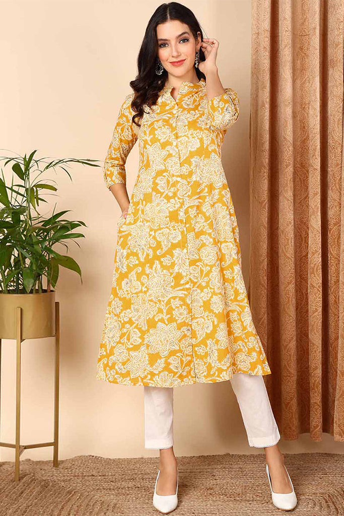 Yellow Cotton Floral Printed Flared Kurta VCK9652