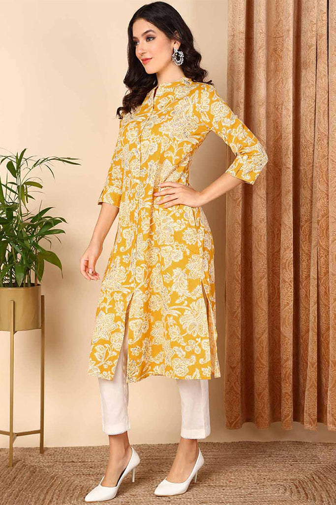 Yellow Cotton Floral Printed Flared Kurta VCK9652