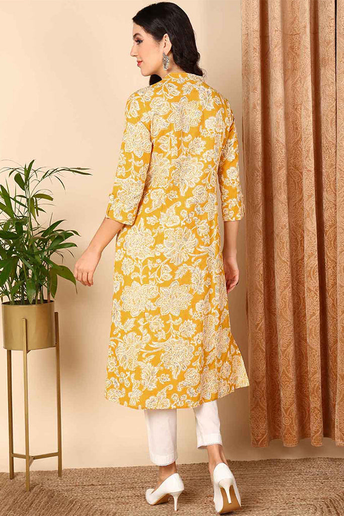 Yellow Cotton Floral Printed Flared Kurta VCK9652