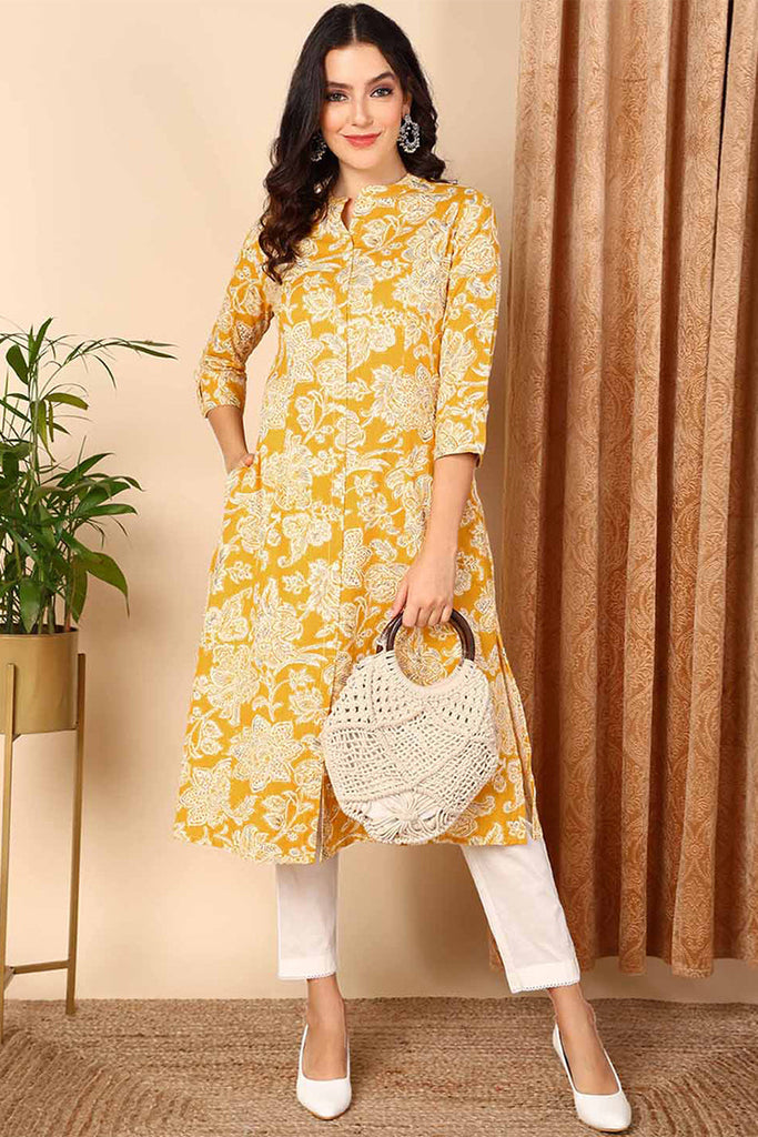 Yellow Cotton Floral Printed Flared Kurta VCK9652