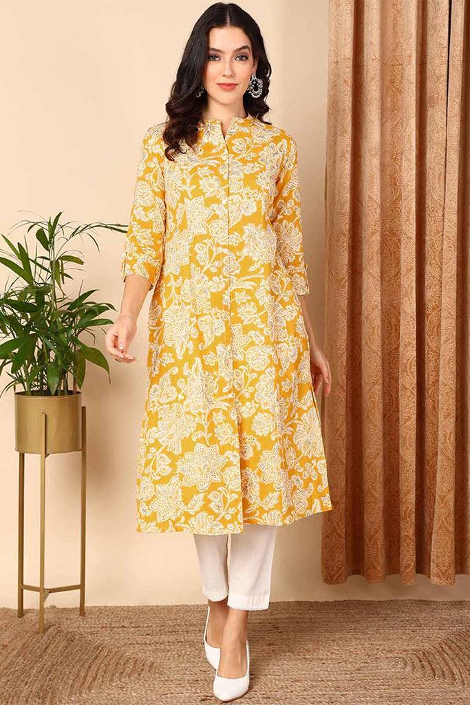 Yellow Cotton Floral Printed Flared Kurta VCK9652