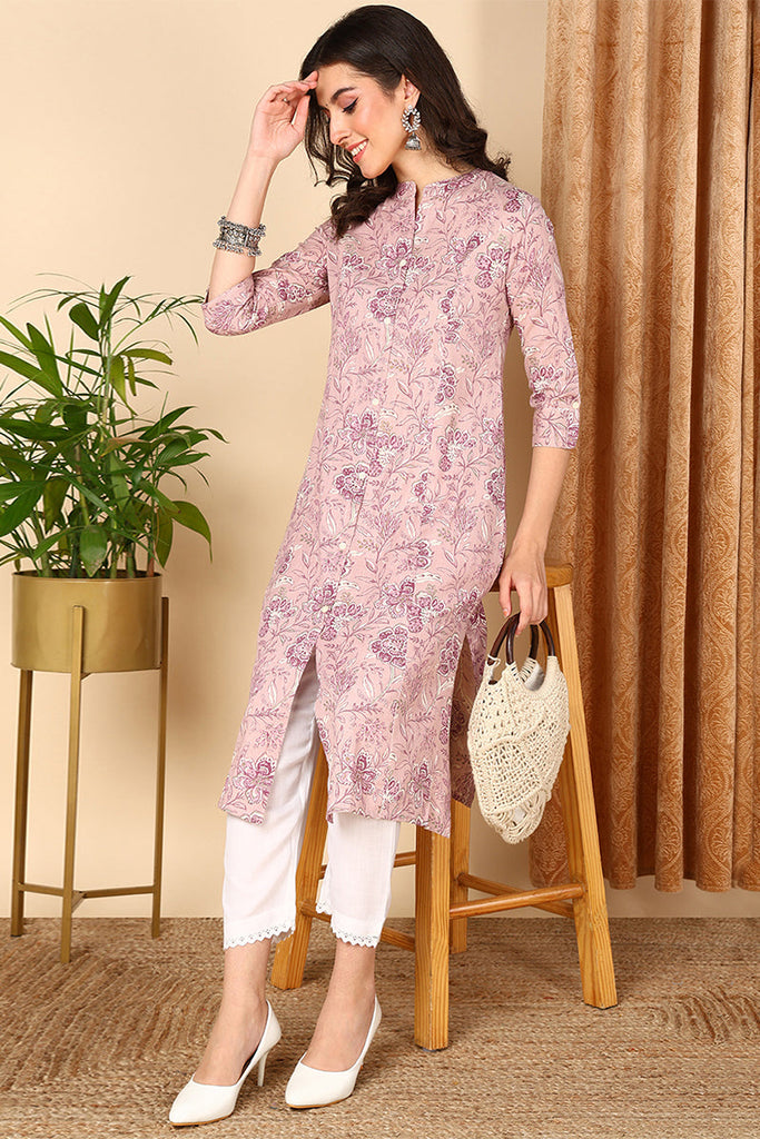 Mauve Cotton Floral Printed Flared Kurta VCK9658