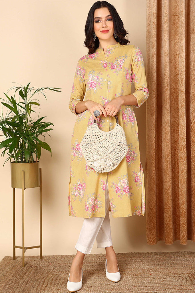 Yellow Cotton Floral Printed Flared Kurta VCK9659