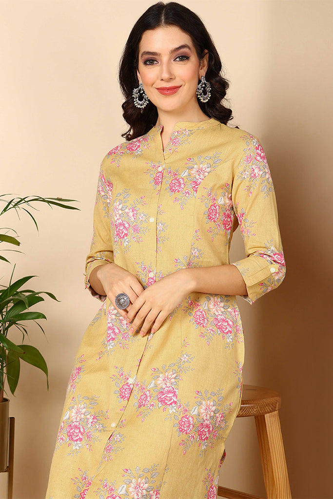 Yellow Cotton Floral Printed Flared Kurta VCK9659