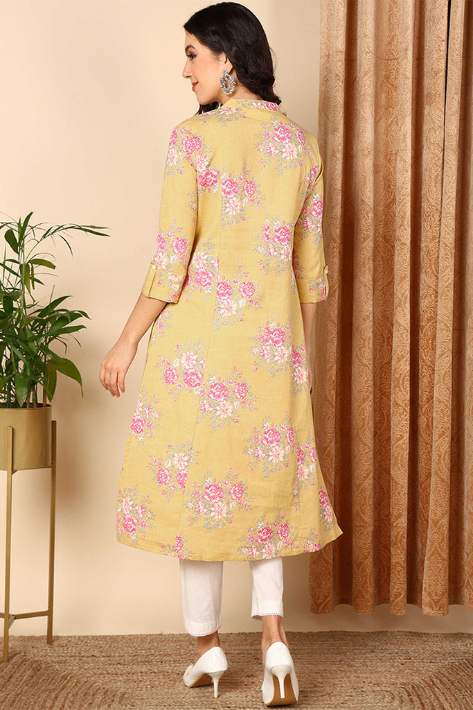 Yellow Cotton Floral Printed Flared Kurta VCK9659