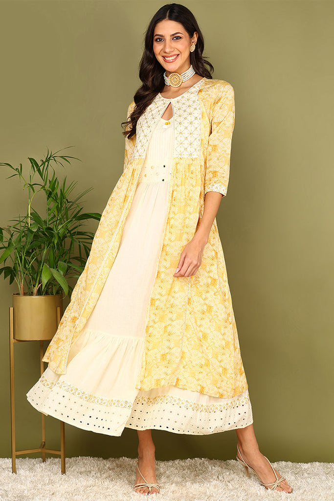 Yellow Cotton Geometric Printed Embroidered A-Line Dress VCK9663