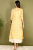 Yellow Cotton Geometric Printed Embroidered A-Line Dress VCK9663