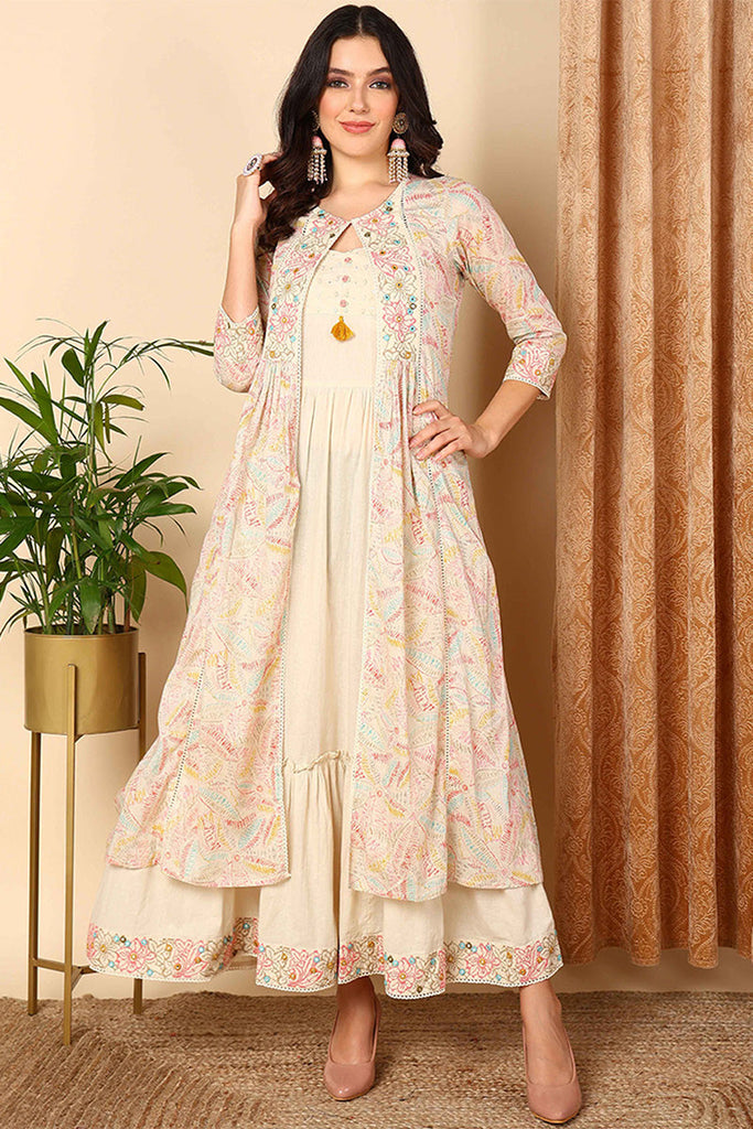 Beige Cotton Ethnic Motifs Embroidered Flared Kurta VCK9665