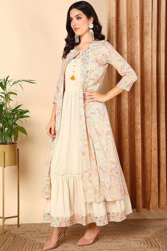 Beige Cotton Ethnic Motifs Embroidered Flared Kurta VCK9665