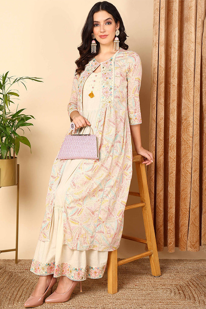 Beige Cotton Ethnic Motifs Embroidered Flared Kurta VCK9665