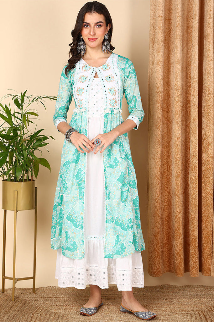 Turquoise Blue Cotton Ethnic Motifs Embroidered Flared Dress VCK9667