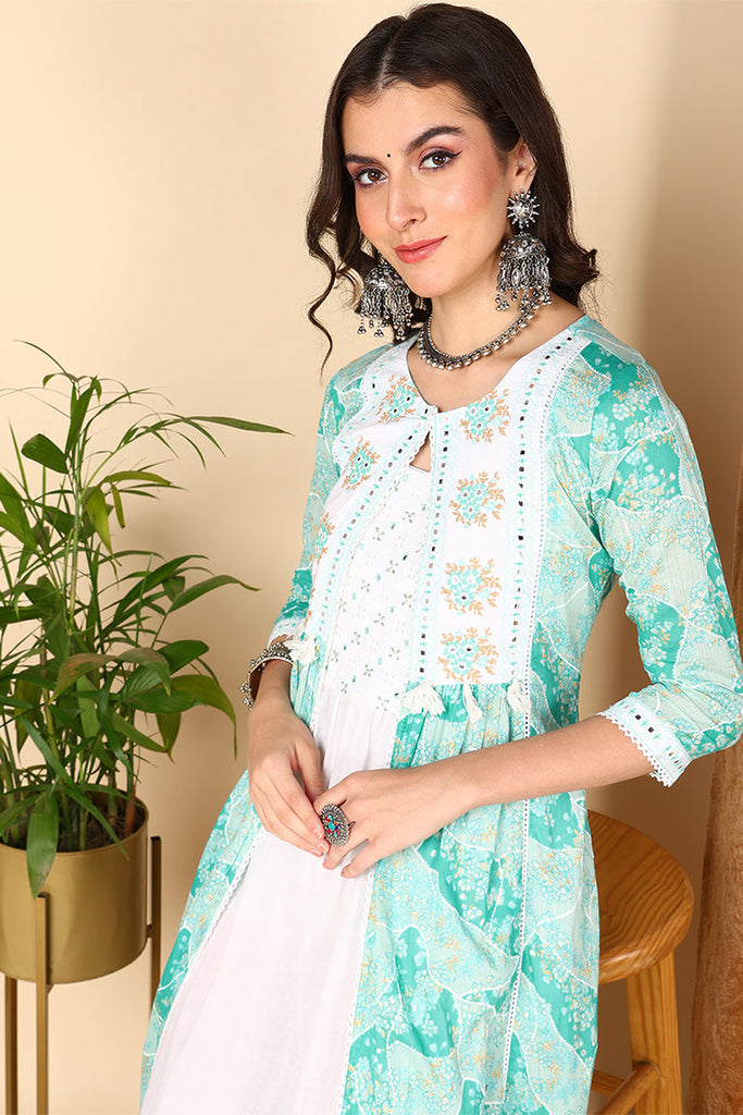 Turquoise Blue Cotton Ethnic Motifs Embroidered Flared Dress VCK9667