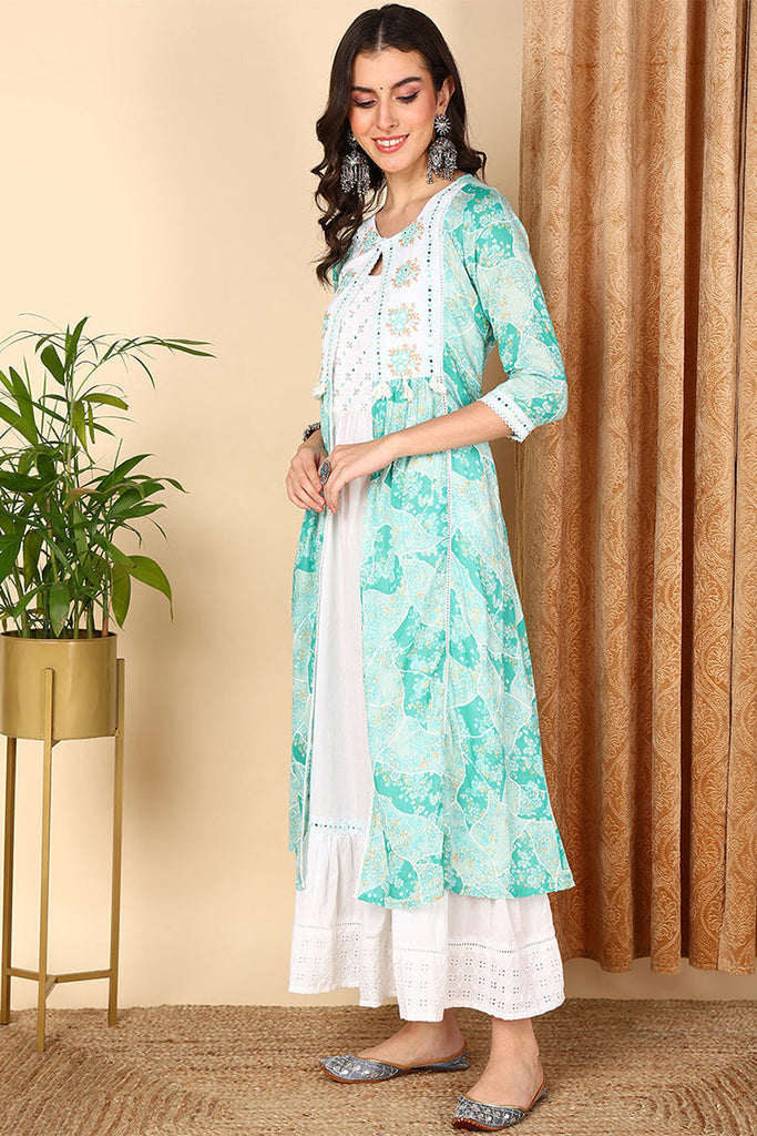 Turquoise Blue Cotton Ethnic Motifs Embroidered Flared Dress VCK9667