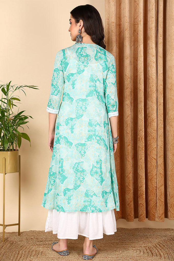 Turquoise Blue Cotton Ethnic Motifs Embroidered Flared Dress VCK9667