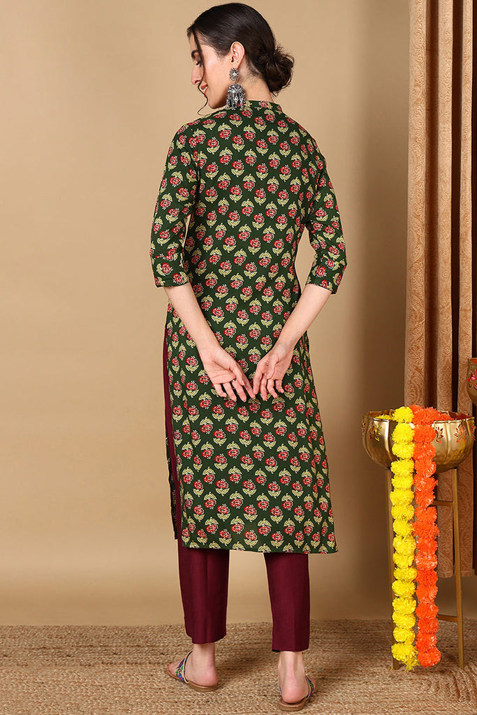 Green Cotton Floral Printed Straight Kurta VCK9672