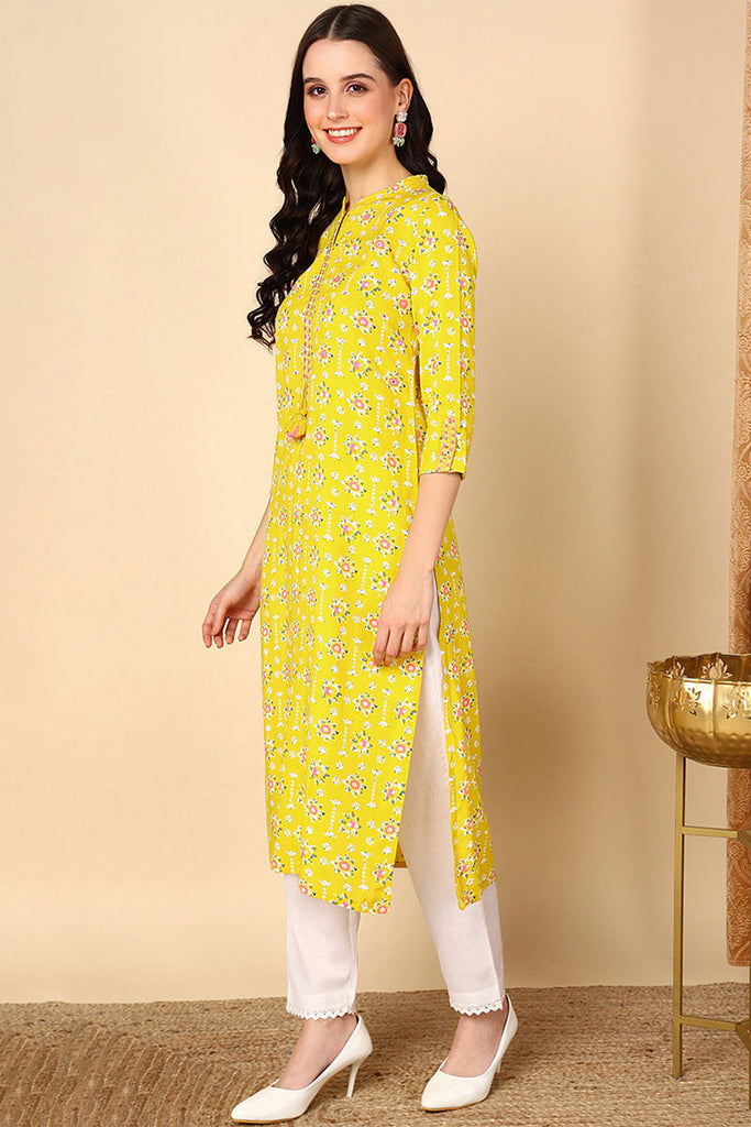 Yellow Cotton Ethnic Motifs Printed Straight Kurta VCK9673