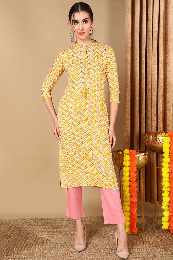 Yellow Cotton Chevron Printed Straight Kurta VCK9674