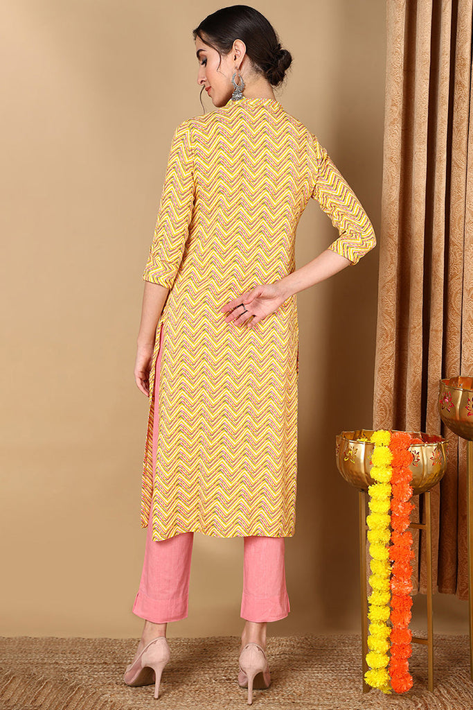 Yellow Cotton Chevron Printed Straight Kurta VCK9674