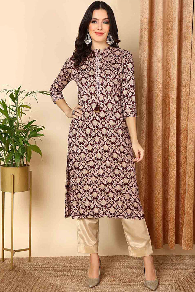 Burgundy Cotton Ethnic Motifs Printed Straight Kurta VCK9675