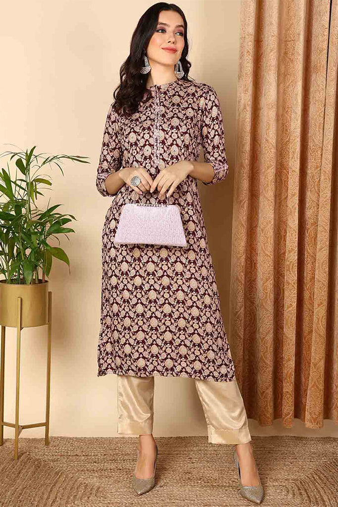 Burgundy Cotton Ethnic Motifs Printed Straight Kurta VCK9675