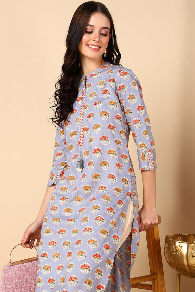 Blue Cotton Ethnic Motifs Printed Straight Kurta VCK9677