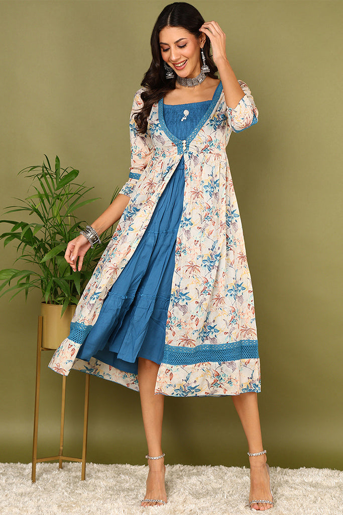 Off White Cotton Floral Printed Dress With Shrug VCK9678