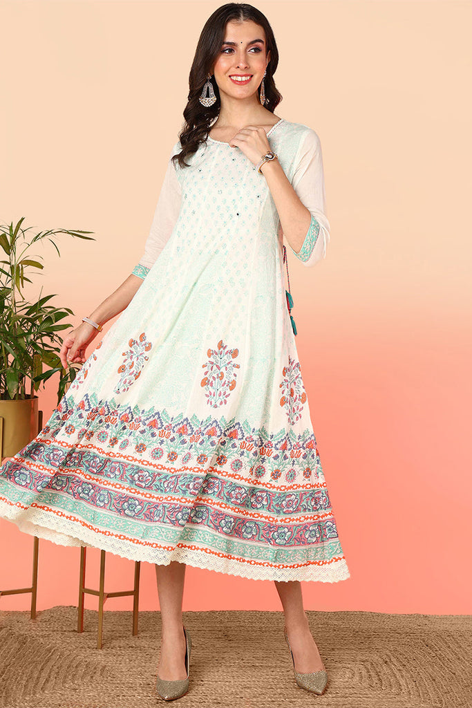 Off White Cotton Floral Printed Flared Anarkali Dress VCK9681