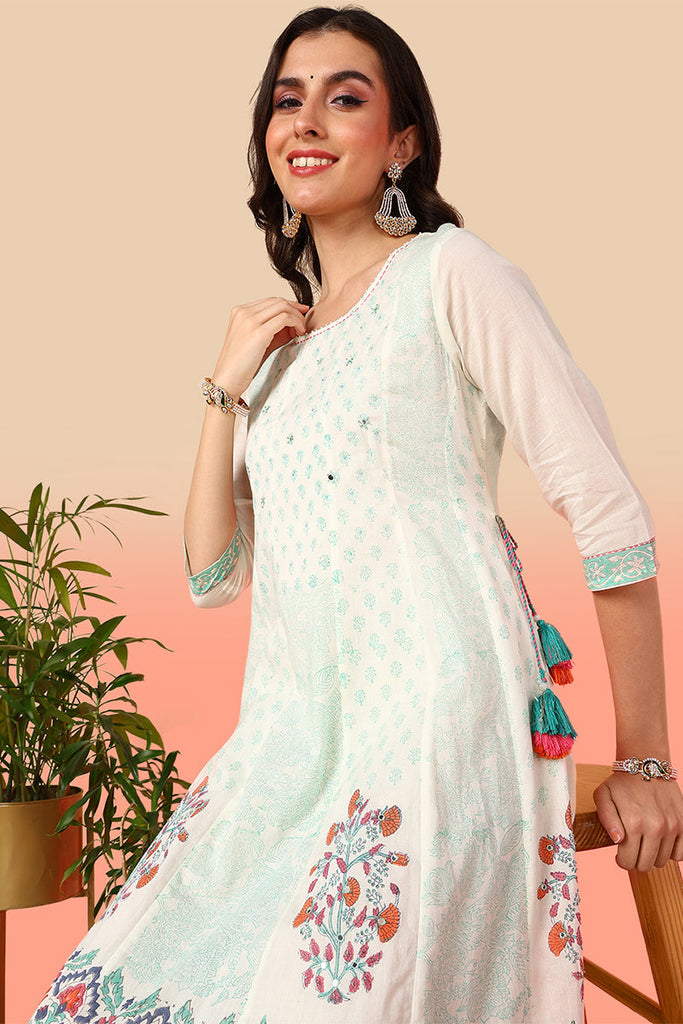 Off White Cotton Floral Printed Flared Anarkali Dress VCK9681