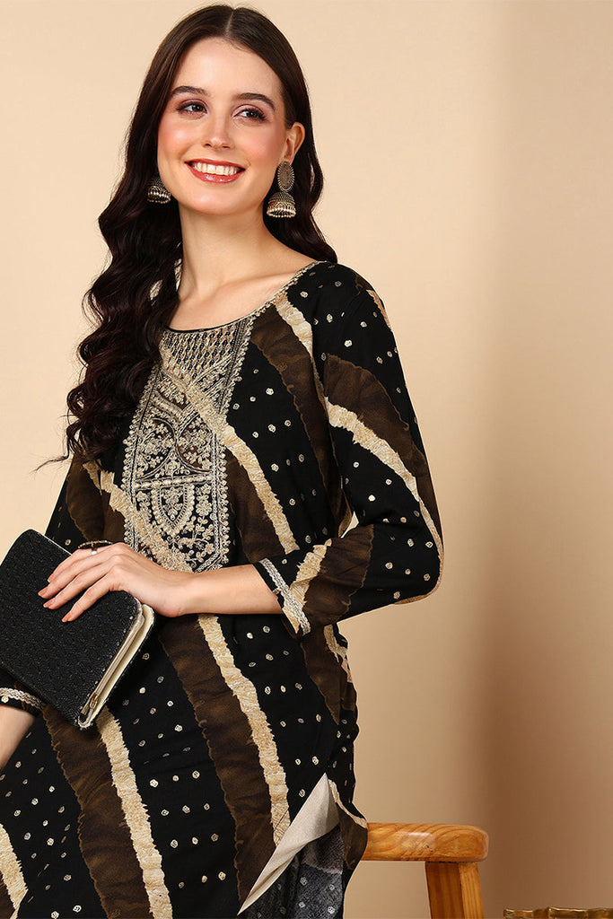 Black Viscose Rayon Leheriya Printed Straight Kurta VCK9684