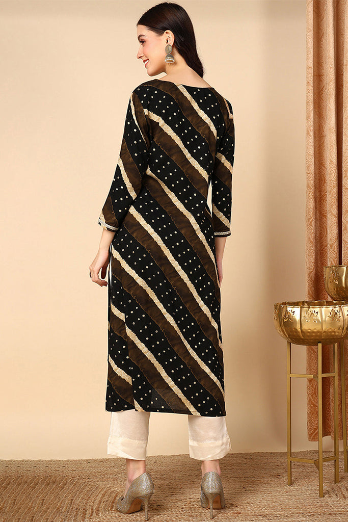 Black Viscose Rayon Leheriya Printed Straight Kurta VCK9684