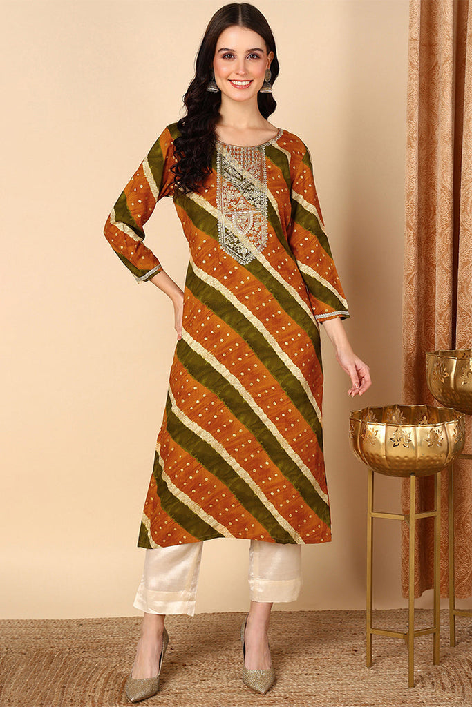 Mustard Yellow Viscose Rayon Leheriya Printed Straight Kurta VCK9686